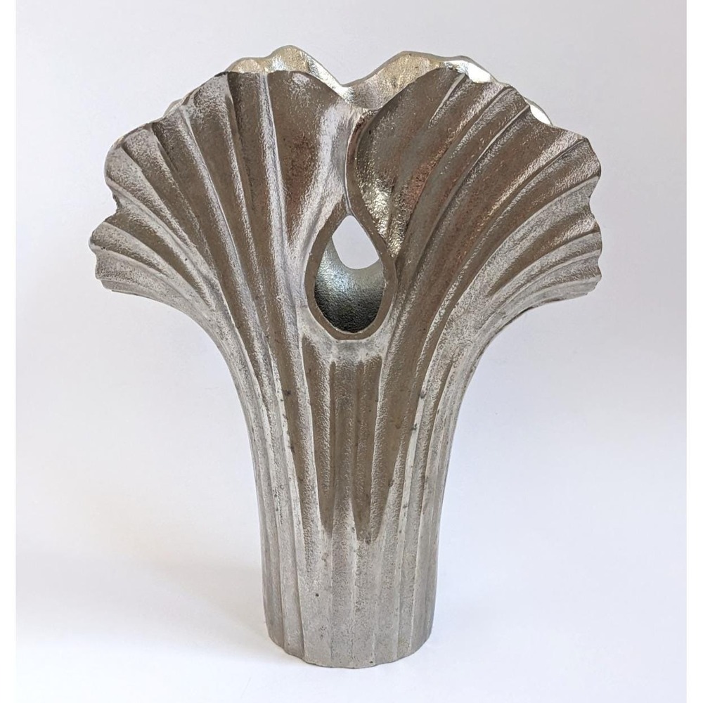 Postmodern Ginkgo Leaf Metal Vase Cast Aluminum? Sculptural Silver Decor 12.5"